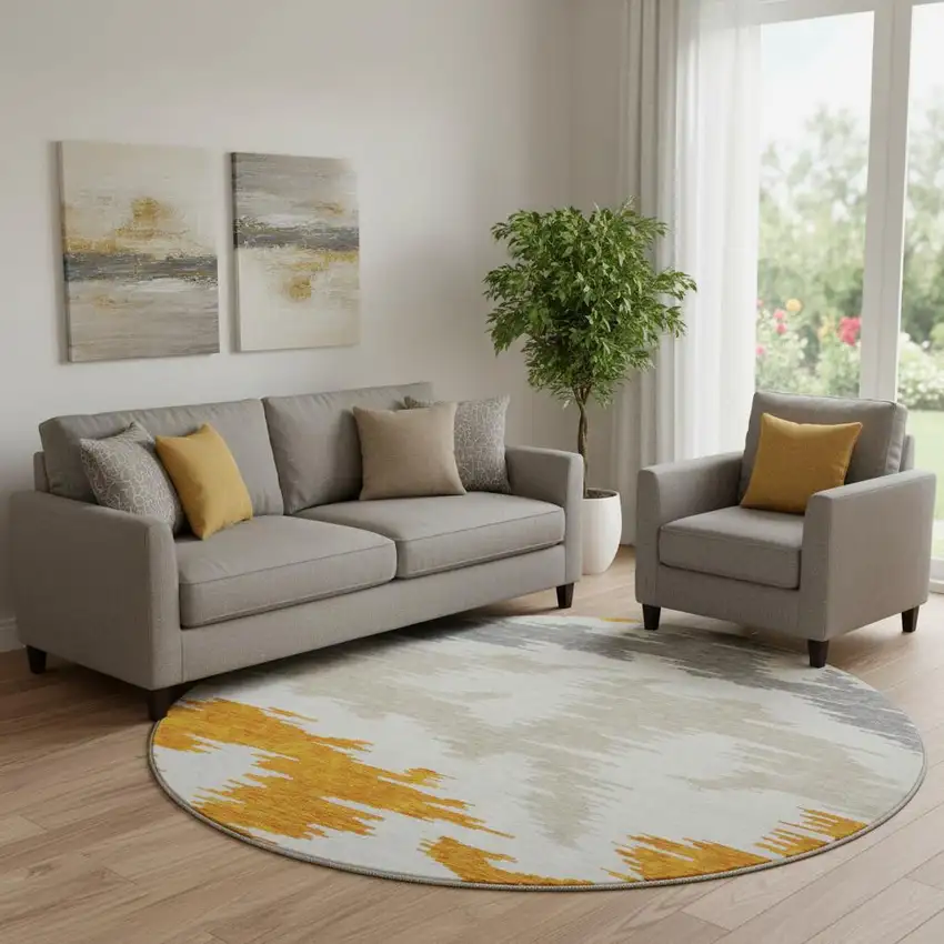 8' Orange Ivory And Gray Abstract Washable Round Rug With UV Protection Photo 1