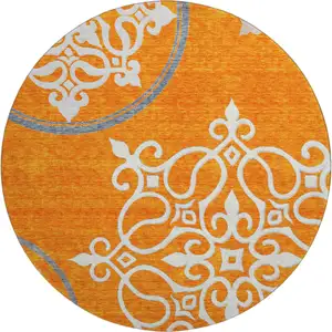 Photo of 8' Orange Ivory And Gray Floral Medallion Washable Round Rug With UV Protection