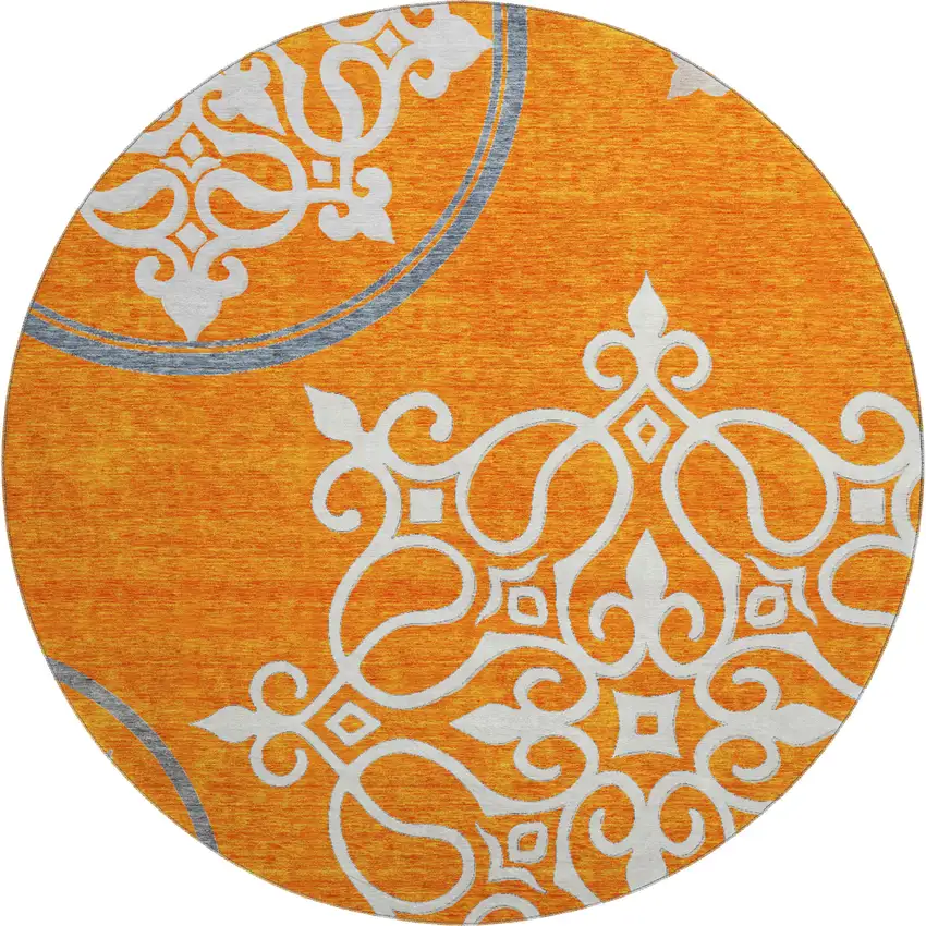 8' Orange Ivory And Gray Floral Medallion Washable Round Rug With UV Protection Photo 1