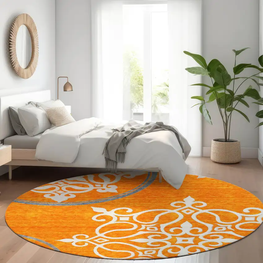 8' Orange Ivory And Gray Floral Medallion Washable Round Rug With UV Protection Photo 5