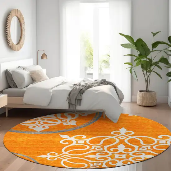 8' Orange Ivory And Gray Floral Medallion Washable Round Rug With UV Protection Photo 5