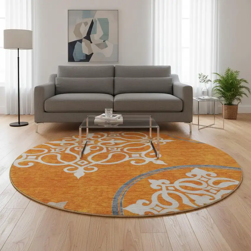 8' Orange Ivory And Gray Floral Medallion Washable Round Rug With UV Protection Photo 2