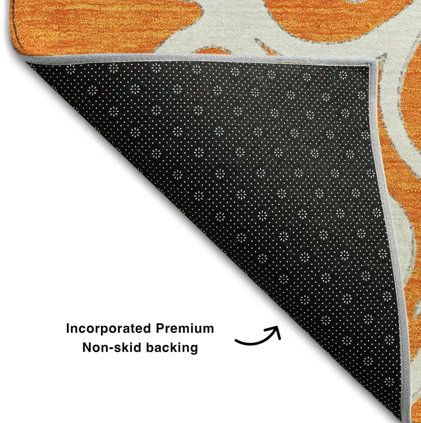 8' Orange Ivory And Gray Floral Medallion Washable Round Rug With UV Protection Photo 6