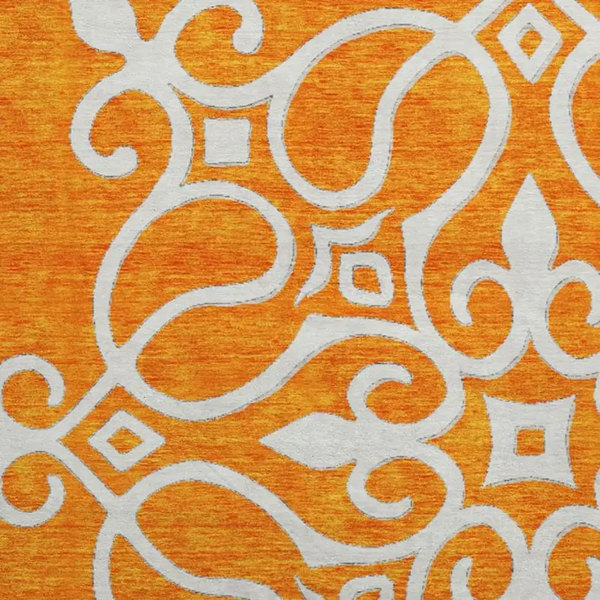 8' Orange Ivory And Gray Floral Medallion Washable Round Rug With UV Protection Photo 3