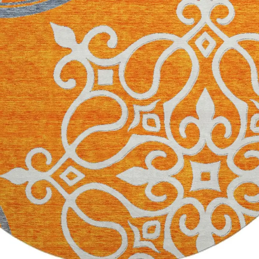8' Orange Ivory And Gray Floral Medallion Washable Round Rug With UV Protection Photo 4