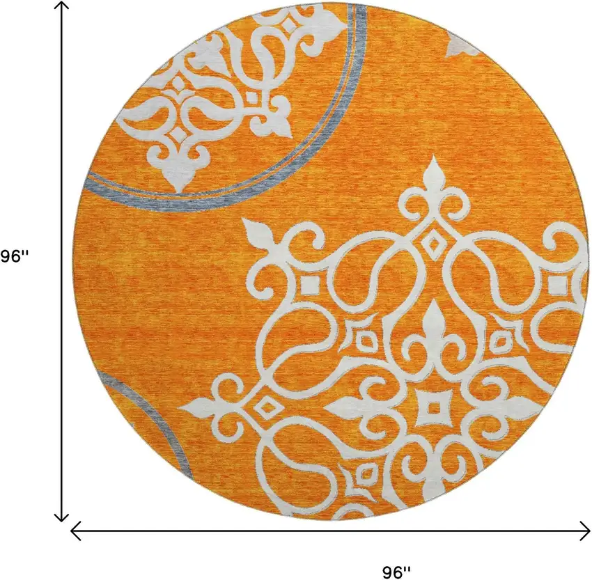 8' Orange Ivory And Gray Floral Medallion Washable Round Rug With UV Protection Photo 8