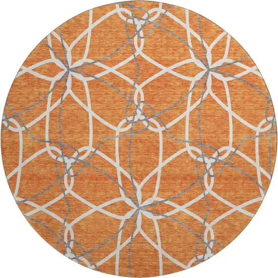 8' Orange Ivory And Gray Geometric Washable Round Rug With UV Protection Photo 1