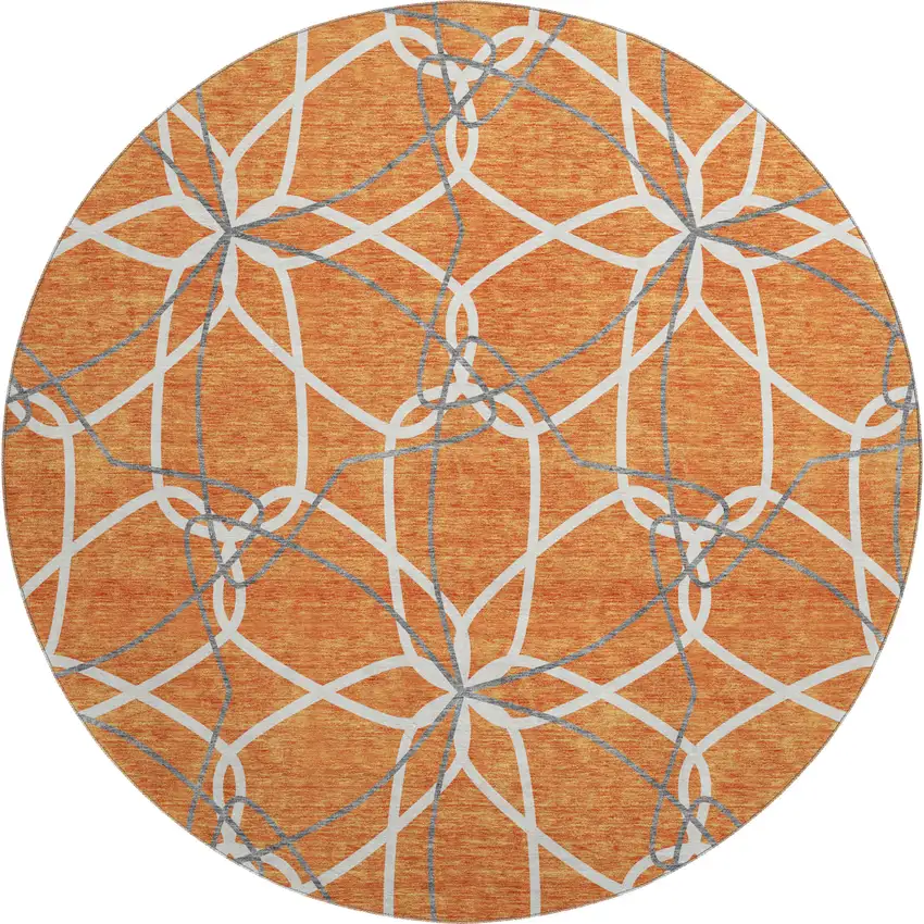 8' Orange Ivory And Gray Geometric Washable Round Rug With UV Protection Photo 1