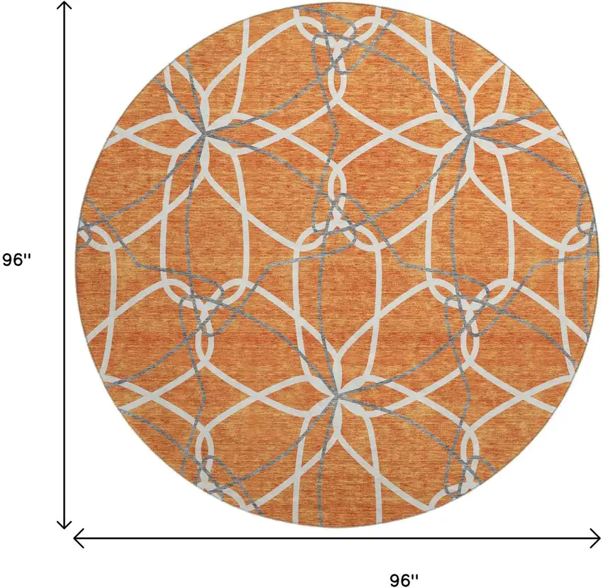 8' Orange Ivory And Gray Geometric Washable Round Rug With UV Protection Photo 9