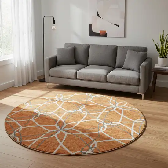 8' Orange Ivory And Gray Geometric Washable Round Rug With UV Protection Photo 2