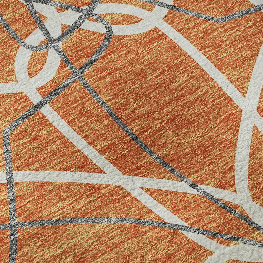 8' Orange Ivory And Gray Geometric Washable Round Rug With UV Protection Photo 8