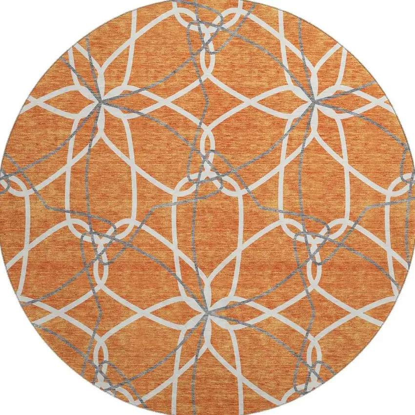 8' Orange Ivory And Gray Geometric Washable Round Rug With UV Protection Photo 3
