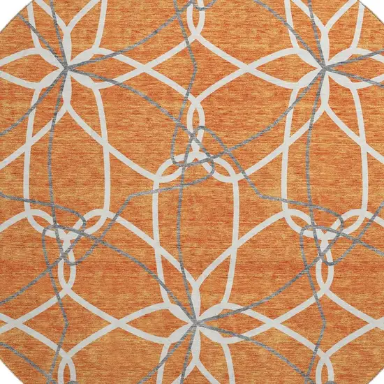 8' Orange Ivory And Gray Geometric Washable Round Rug With UV Protection Photo 2