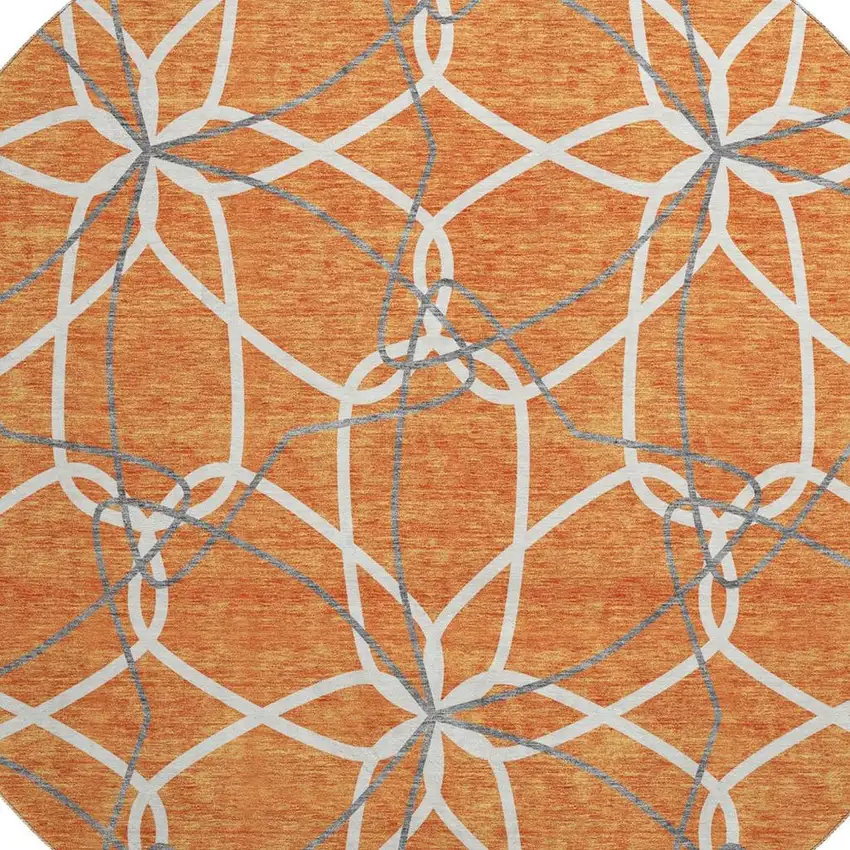 8' Orange Ivory And Gray Geometric Washable Round Rug With UV Protection Photo 2