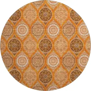 Photo of 8' Orange Ivory And Gray Ogee Washable Round Rug With UV Protection