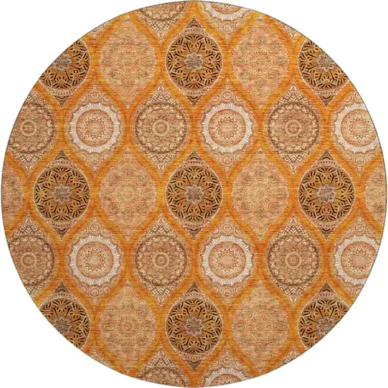 8' Orange Ivory And Gray Ogee Washable Round Rug With UV Protection Photo 1