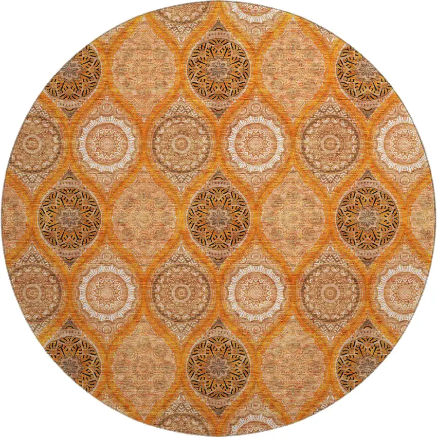 8' Orange Ivory And Gray Ogee Washable Round Rug With UV Protection Photo 1
