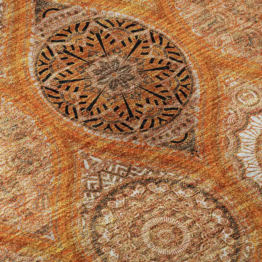 8' Orange Ivory And Gray Ogee Washable Round Rug With UV Protection Photo 8