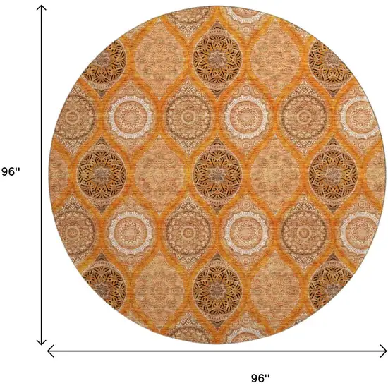 8' Orange Ivory And Gray Ogee Washable Round Rug With UV Protection Photo 9