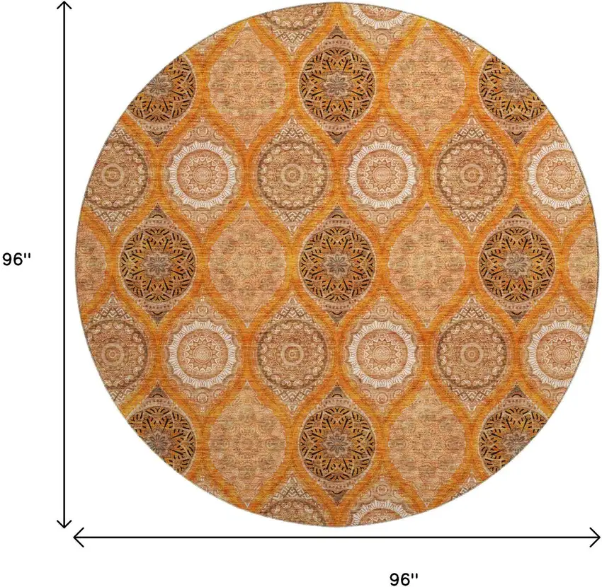 8' Orange Ivory And Gray Ogee Washable Round Rug With UV Protection Photo 9