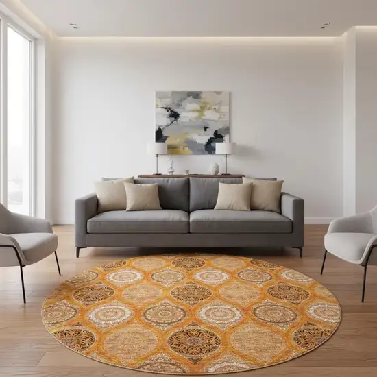 8' Orange Ivory And Gray Ogee Washable Round Rug With UV Protection Photo 2