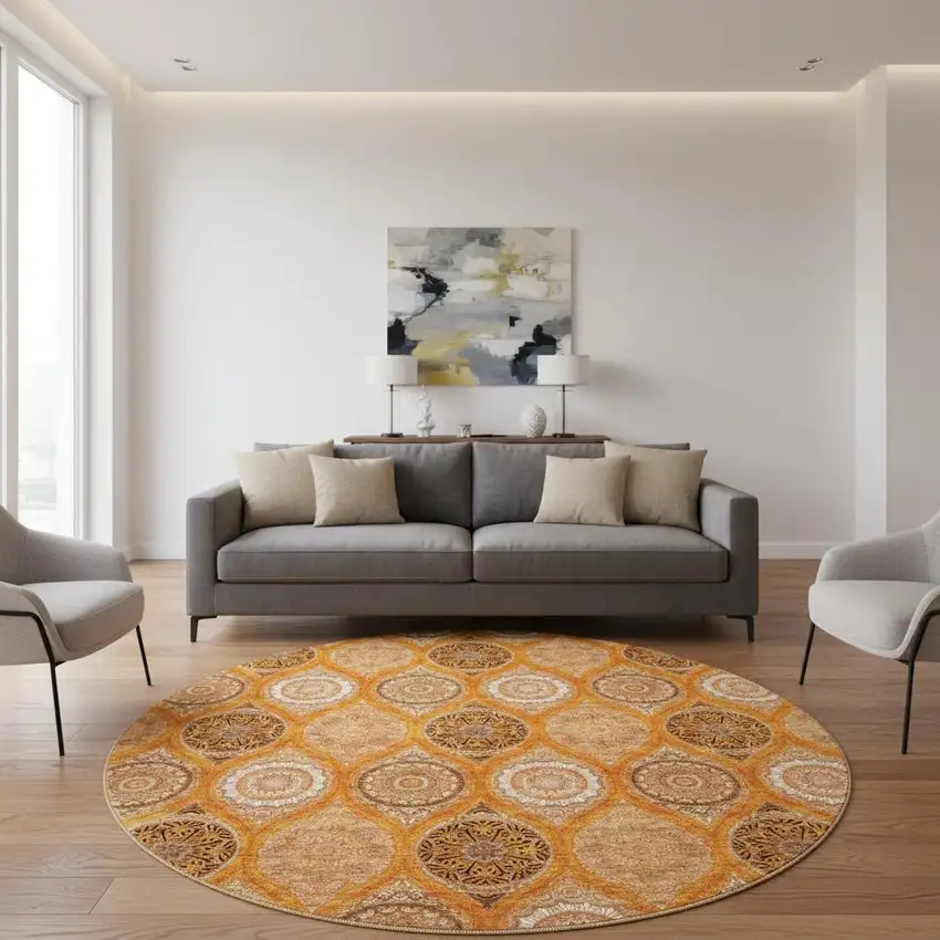 8' Orange Ivory And Gray Ogee Washable Round Rug With UV Protection Photo 2