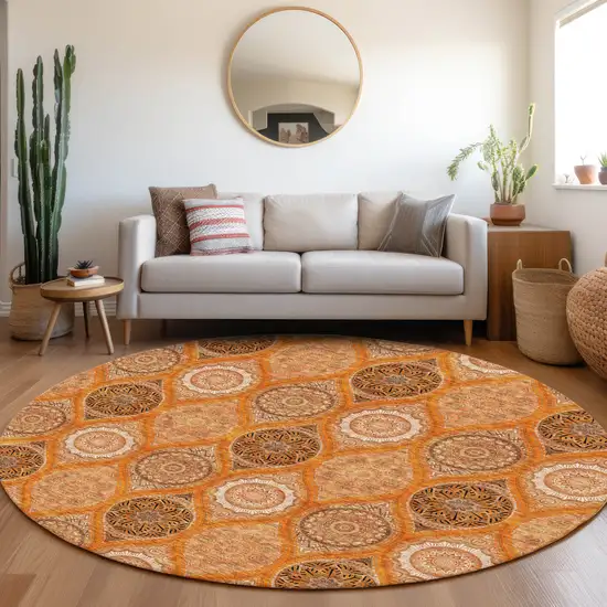 8' Orange Ivory And Gray Ogee Washable Round Rug With UV Protection Photo 4