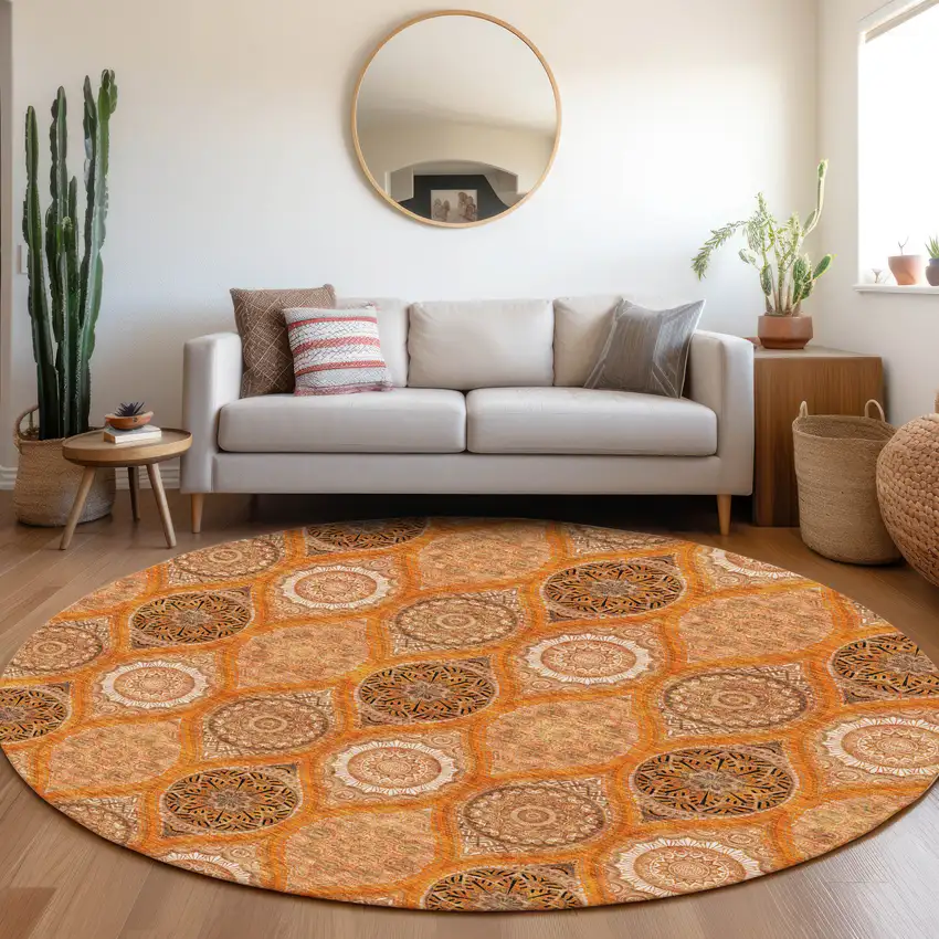 8' Orange Ivory And Gray Ogee Washable Round Rug With UV Protection Photo 4