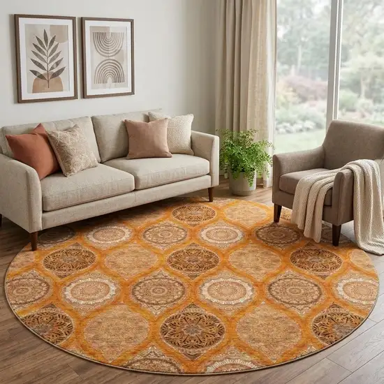 8' Orange Ivory And Gray Ogee Washable Round Rug With UV Protection Photo 1