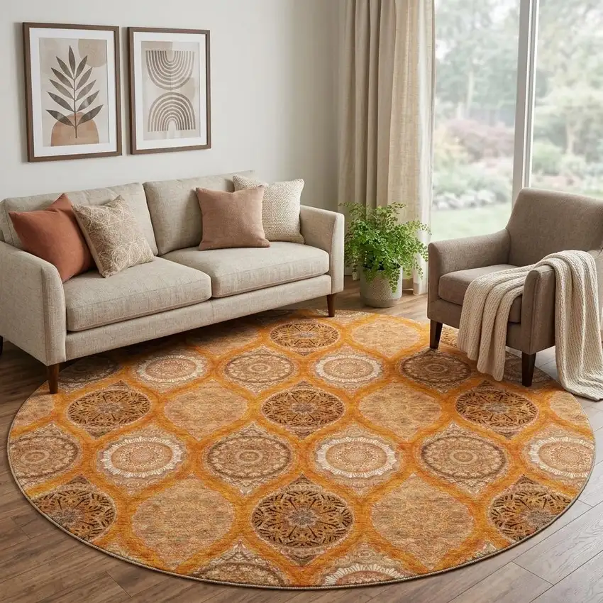8' Orange Ivory And Gray Ogee Washable Round Rug With UV Protection Photo 1
