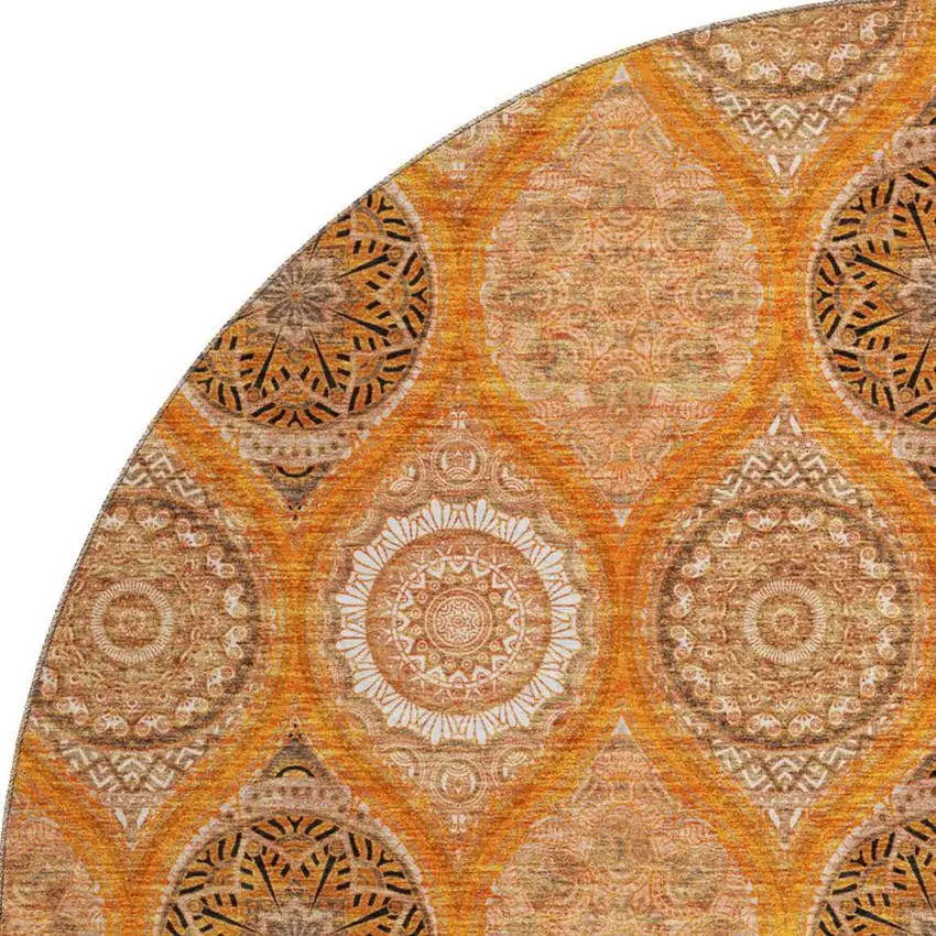 8' Orange Ivory And Gray Ogee Washable Round Rug With UV Protection Photo 3