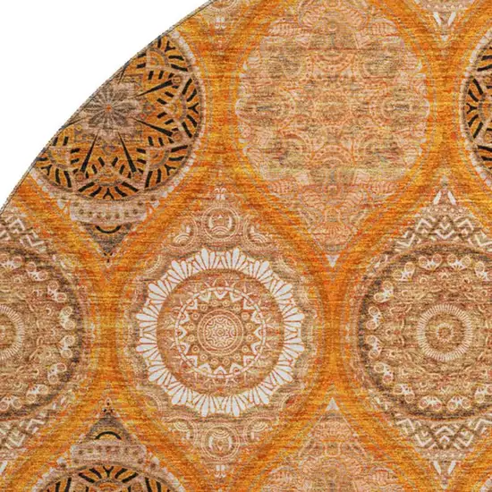 8' Orange Ivory And Gray Ogee Washable Round Rug With UV Protection Photo 2