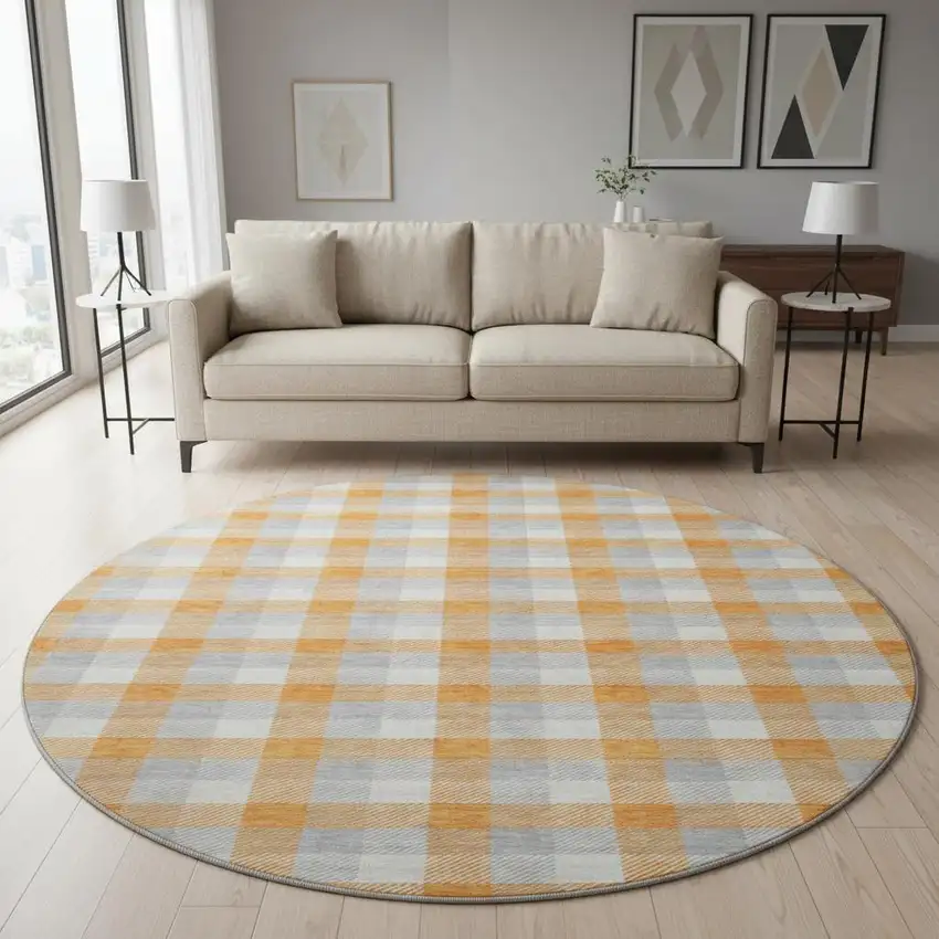 8' Orange Ivory And Gray Plaid Washable Round Rug With UV Protection Photo 2