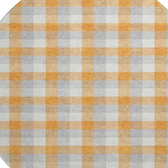 8' Orange Ivory And Gray Plaid Washable Round Rug With UV Protection Photo 2