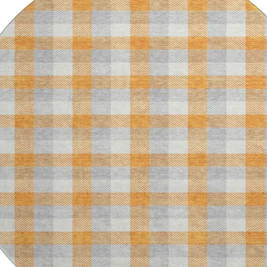 8' Orange Ivory And Gray Plaid Washable Round Rug With UV Protection Photo 2