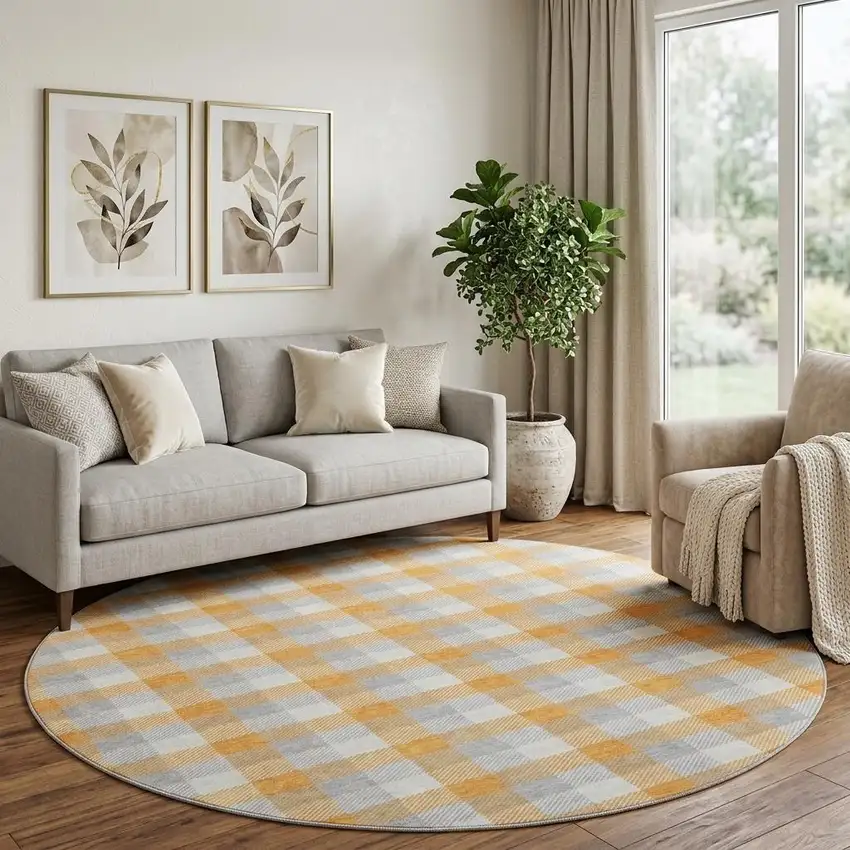 8' Orange Ivory And Gray Plaid Washable Round Rug With UV Protection Photo 1