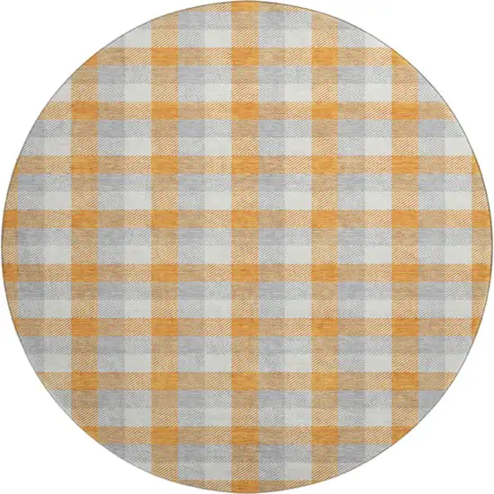 8' Orange Ivory And Gray Plaid Washable Round Rug With UV Protection Photo 1
