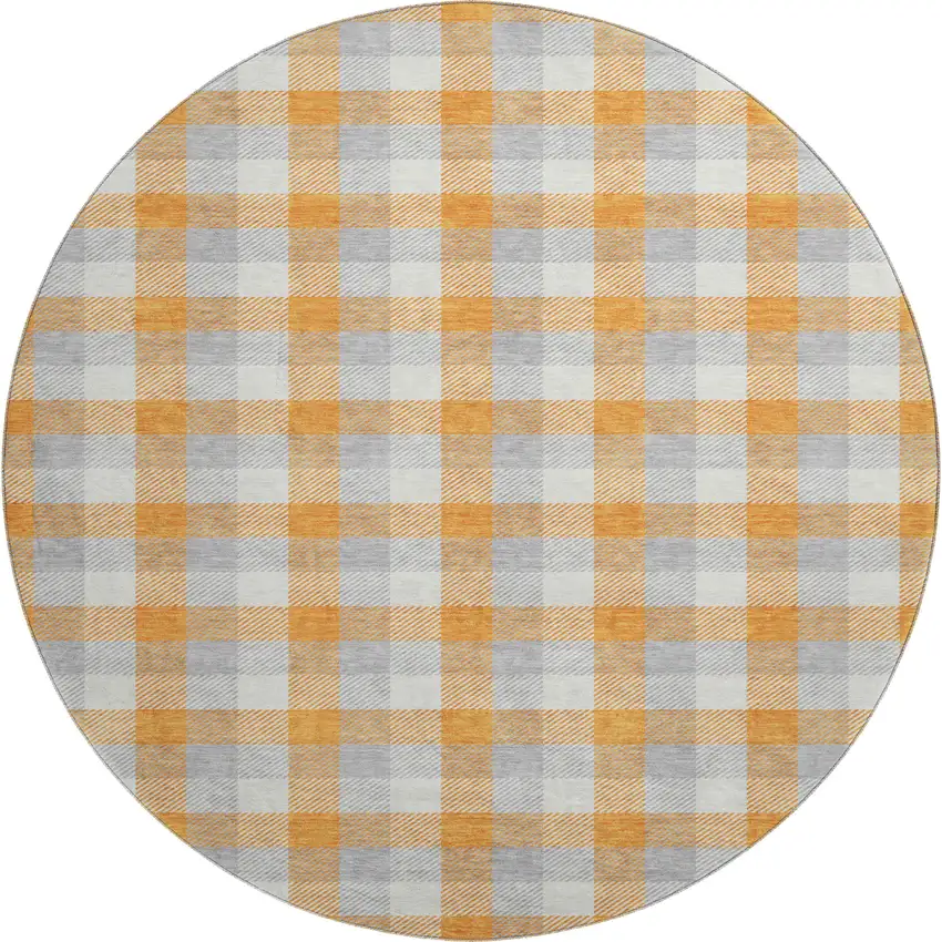 8' Orange Ivory And Gray Plaid Washable Round Rug With UV Protection Photo 1