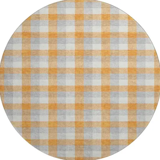 8' Orange Ivory And Gray Plaid Washable Round Rug With UV Protection Photo 3