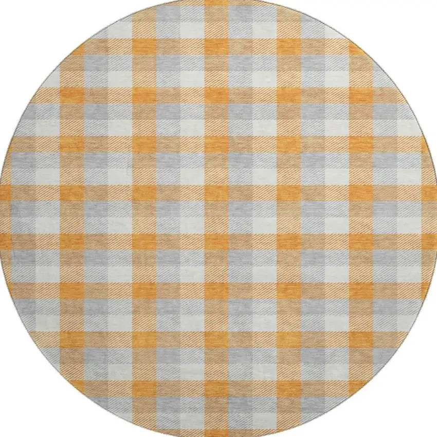 8' Orange Ivory And Gray Plaid Washable Round Rug With UV Protection Photo 3
