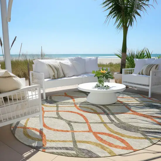 8' Orange Ivory And Gray Round Abstract Washable Indoor Outdoor Area Rug Photo 7