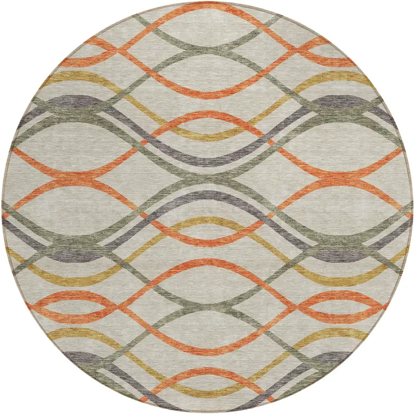 8' Orange Ivory And Gray Round Abstract Washable Indoor Outdoor Area Rug Photo 1