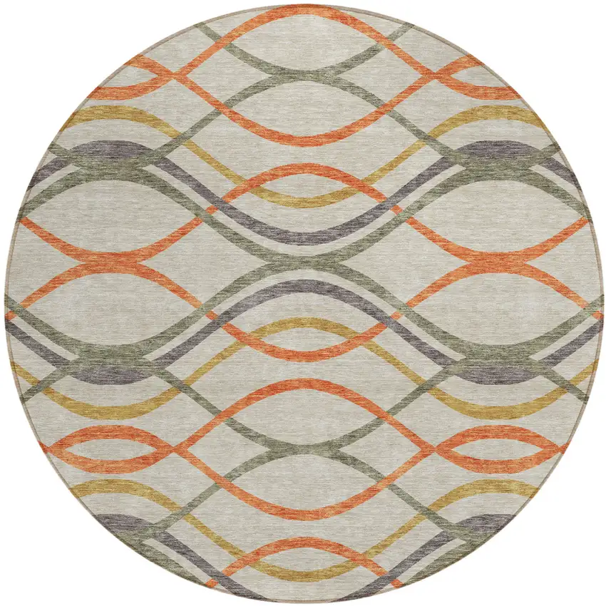 8' Orange Ivory And Gray Round Abstract Washable Indoor Outdoor Area Rug Photo 1