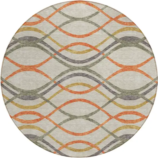 8' Orange Ivory And Gray Round Abstract Washable Indoor Outdoor Area Rug Photo 1