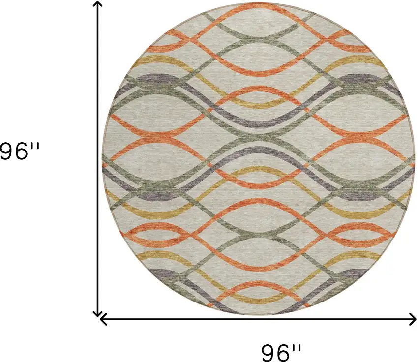 8' Orange Ivory And Gray Round Abstract Washable Indoor Outdoor Area Rug Photo 9