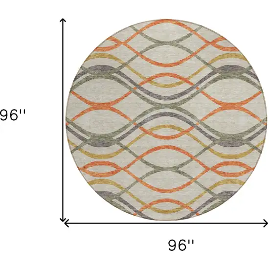 8' Orange Ivory And Gray Round Abstract Washable Indoor Outdoor Area Rug Photo 9