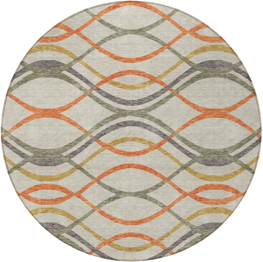 8' Orange Ivory And Gray Round Abstract Washable Indoor Outdoor Area Rug Photo 6