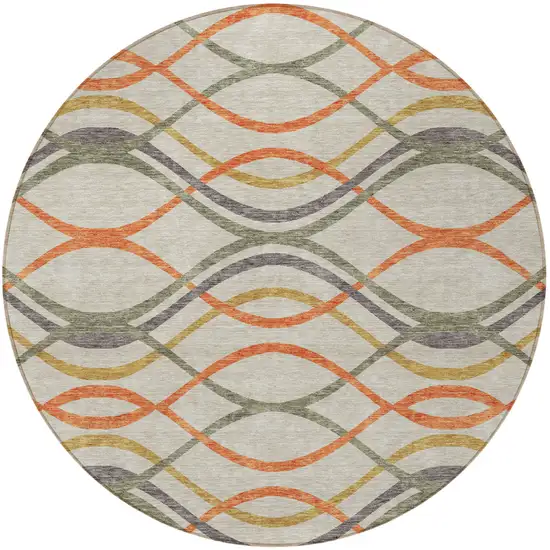 8' Orange Ivory And Gray Round Abstract Washable Indoor Outdoor Area Rug Photo 6