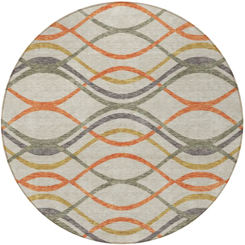 8' Orange Ivory And Gray Round Abstract Washable Indoor Outdoor Area Rug Photo 6