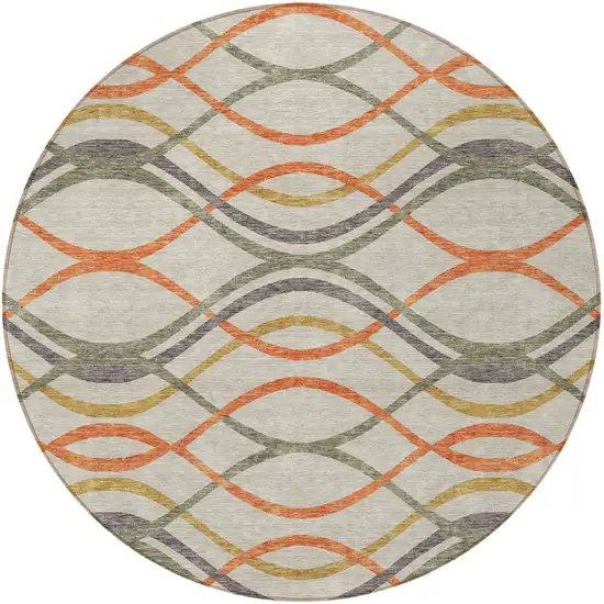 8' Orange Ivory And Gray Round Abstract Washable Indoor Outdoor Area Rug Photo 6